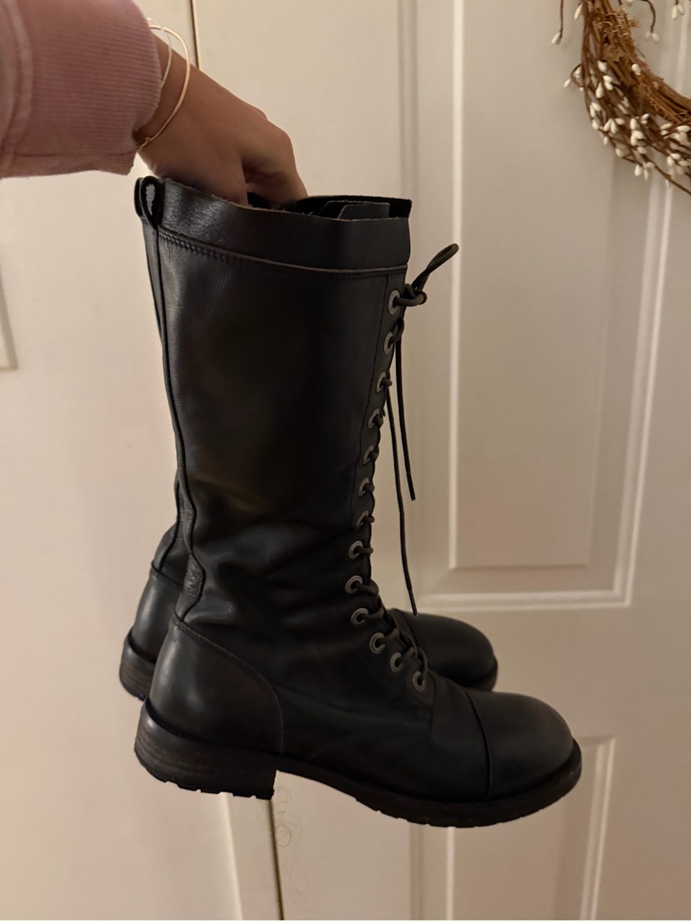 Moma Black Lace-Up Mid-Calf Combat Boots